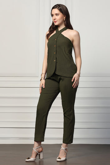 Womens Olive Cotton Blend Solid Co-ords Halter Neck Top With Trouser Set