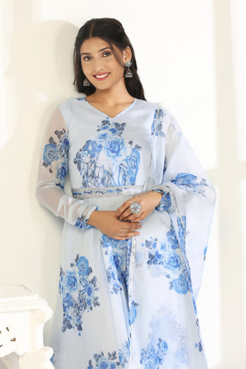 Womens Sky Blue Organza Floral Printed Fit And Flare Maxi Length Dress With Dupatta Set