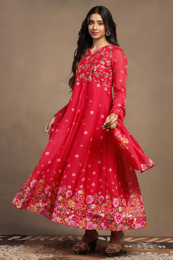 Womens Red Organza Floral Printed Maxi Length Anarkali Kurta And Trouser With Dupatta Set