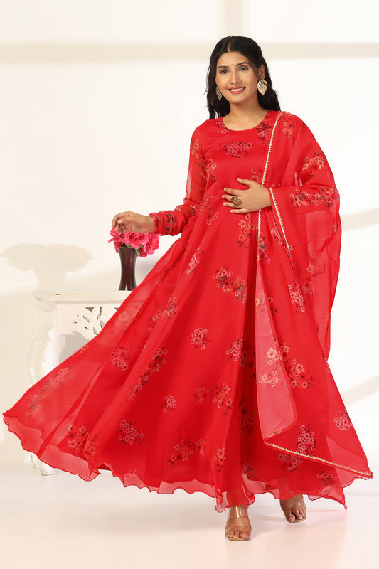 Womens Red Organza Floral Printed A-line Maxi Dress With Dupatta Set