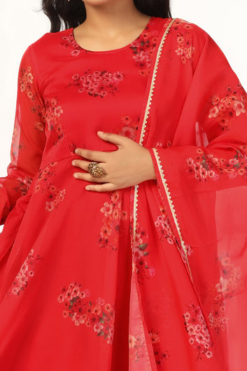 Womens Red Organza Floral Printed A-line Maxi Dress With Dupatta Set