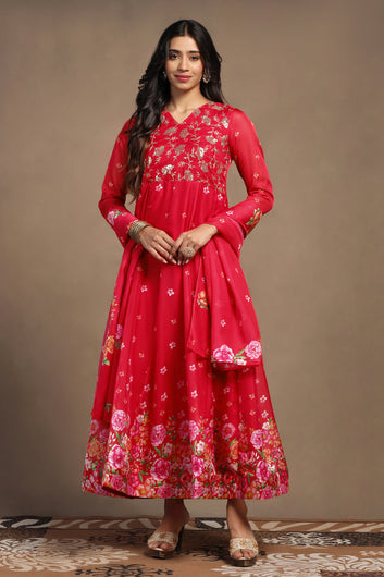 Womens Red Organza Floral Printed Maxi Length Anarkali Kurta And Trouser With Dupatta Set