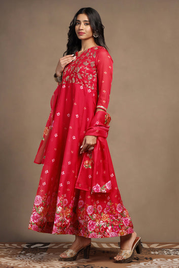 Womens Red Organza Floral Printed Maxi Length Anarkali Kurta And Trouser With Dupatta Set