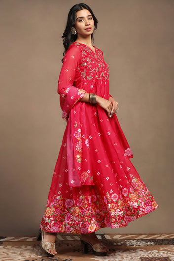 Womens Red Organza Floral Printed Maxi Length Anarkali Kurta And Trouser With Dupatta Set