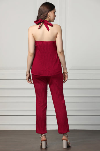 Womens Maroon Cotton Blend Solid Co-ords Halter Neck Top With Trouser Set