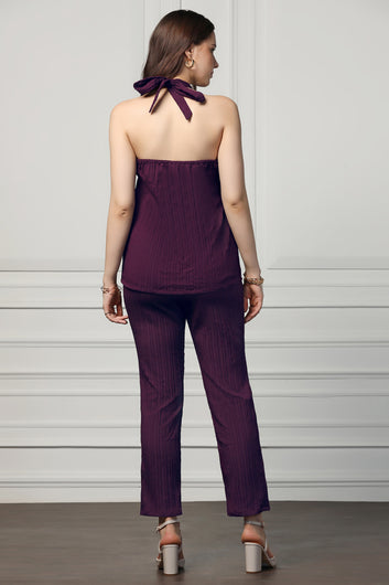 Womens Dark Purple Cotton Blend Solid Co-ords Halter Neck Top With Trouser Set