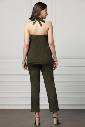 Womens Olive Cotton Blend Solid Co-ords Halter Neck Top With Trouser Set