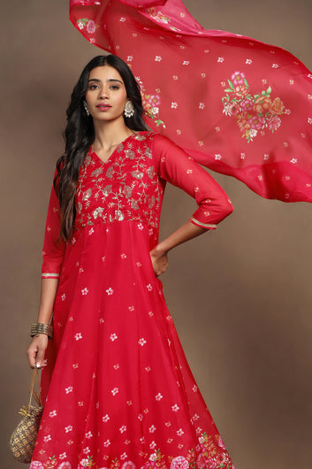 Womens Red Organza Floral Printed Maxi Length Anarkali Kurta And Trouser With Dupatta Set