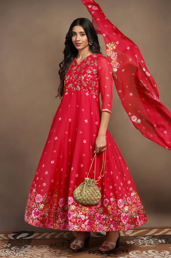 Womens Red Organza Floral Printed Maxi Length Anarkali Kurta And Trouser With Dupatta Set