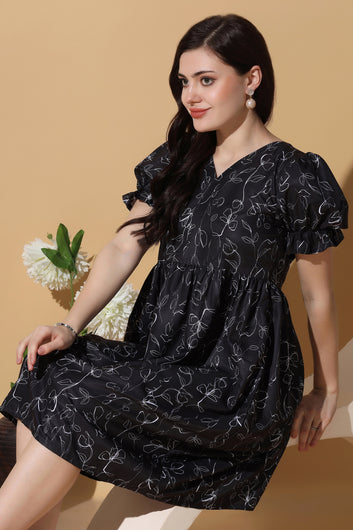 Womens Black Slub Polyester Floral Printed Calf Length Dress