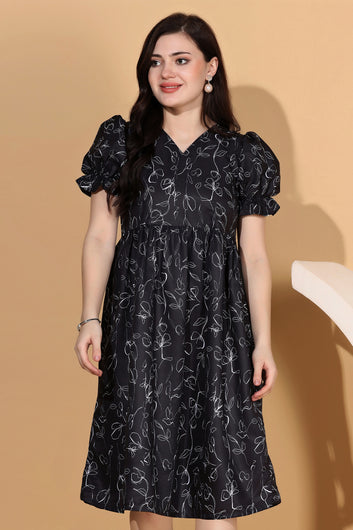 Womens Black Slub Polyester Floral Printed Calf Length Dress