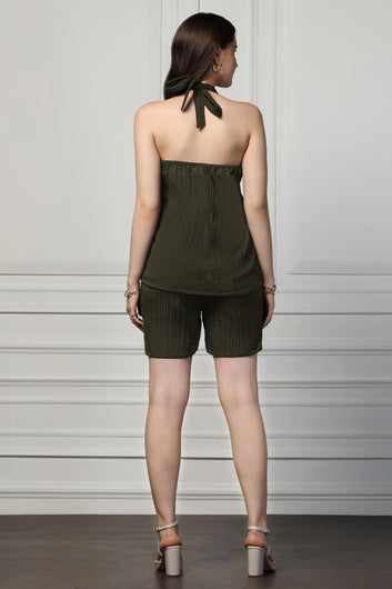 Womens Olive Cotton Blend Solid Halter Neck Top With Shorts Set