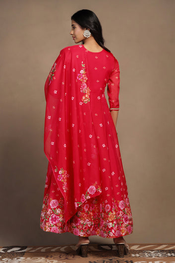 Womens Red Organza Floral Printed Maxi Length Anarkali Kurta And Trouser With Dupatta Set