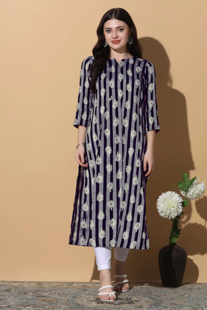 Womens Navy Blue Polyester All-Over Printed Straight Kurta