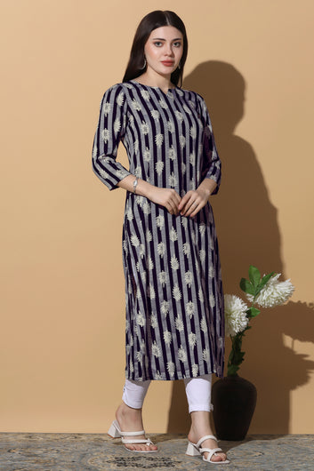 Womens Navy Blue Polyester All-Over Printed Straight Kurta
