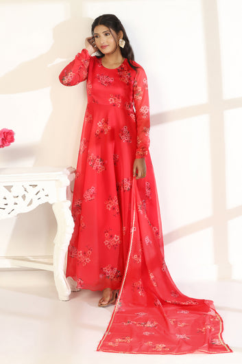 Womens Red Organza Floral Printed A-line Maxi Dress With Dupatta Set