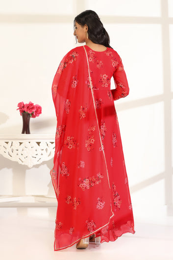 Womens Red Organza Floral Printed A-line Maxi Dress With Dupatta Set