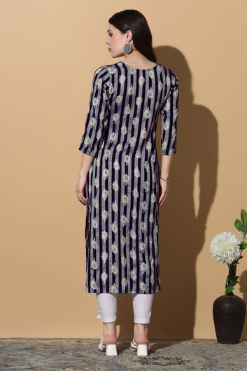 Womens Navy Blue Polyester All-Over Printed Straight Kurta