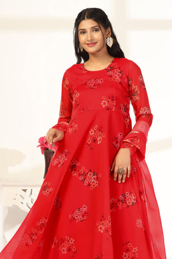 Womens Red Organza Floral Printed A-line Maxi Dress With Dupatta Set