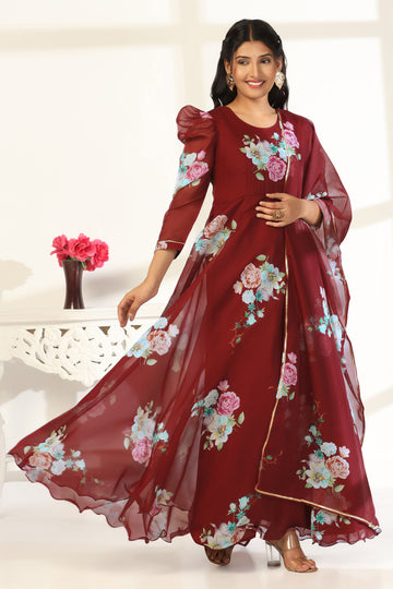 Womens Coffee Organza Floral Printed A-Line Maxi Dresses With Dupatta Set