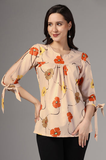 Womens Beige Micro Floral Printed Casual Top