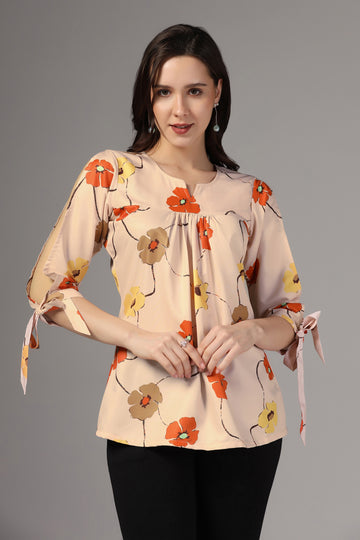 Womens Beige Micro Floral Printed Casual Top