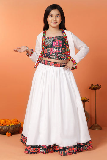 Girls White Cotton Blend Printed Readymade Lehenga With Choli Set