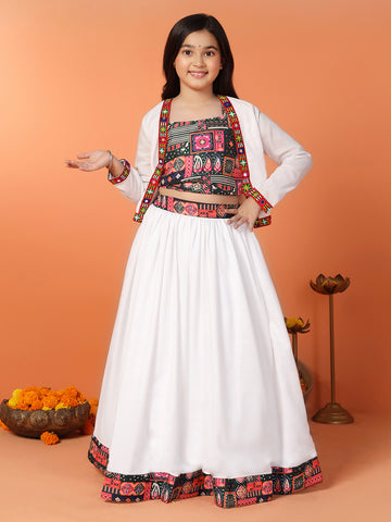 Girls White Cotton Blend Emroidered Readymade Lehenga With Choli Set