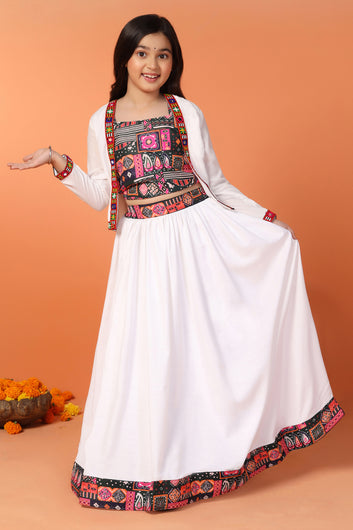 Girls White Cotton Blend Printed Readymade Lehenga With Choli Set