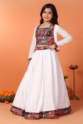 Girls White Cotton Blend Printed Readymade Lehenga With Choli Set