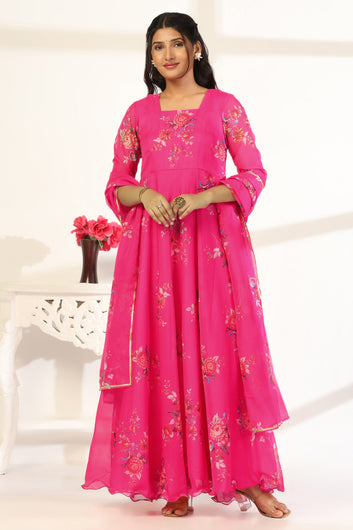 Womens Pink Organza Floral Printed Maxi Length Dress With Dupatta Set