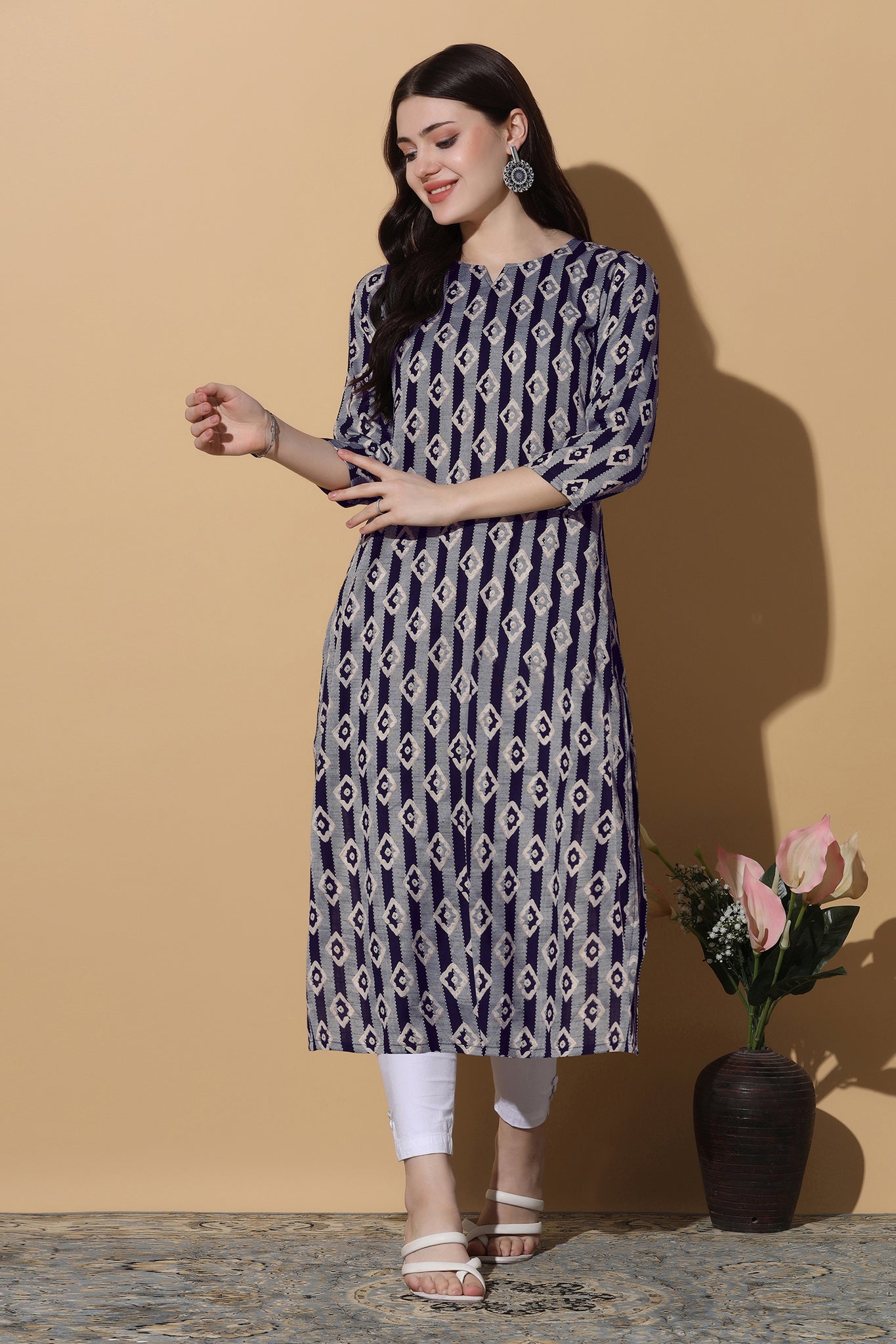 Womens Navy Blue Polyester All-Over Printed Straight Kurta