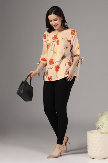 Womens Beige Micro Floral Printed Casual Top