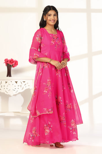 Womens Pink Organza Floral Printed Maxi Length Dress With Dupatta Set