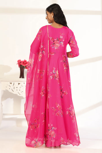 Womens Pink Organza Floral Printed Maxi Length Dress With Dupatta Set