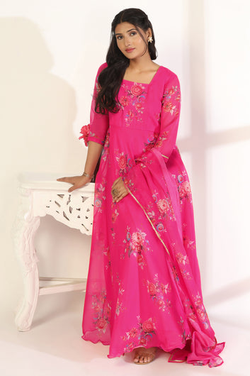 Womens Pink Organza Floral Printed Maxi Length Dress With Dupatta Set