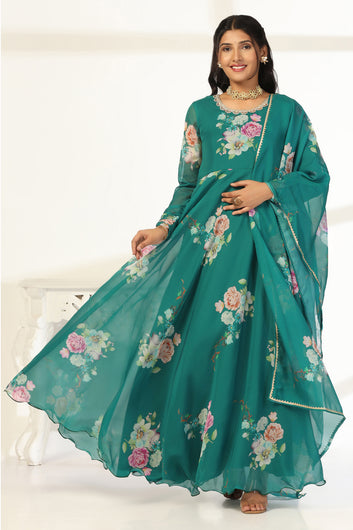 Womens Green Organza Floral Printed Maxi Length Dress With Dupatta Set