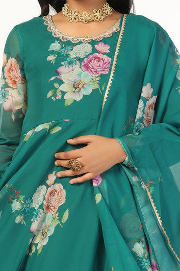 Womens Green Organza Floral Printed Maxi Length Dress With Dupatta Set