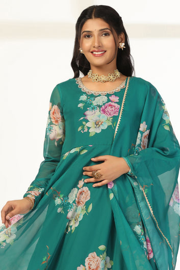 Womens Green Organza Floral Printed Maxi Length Dress With Dupatta Set