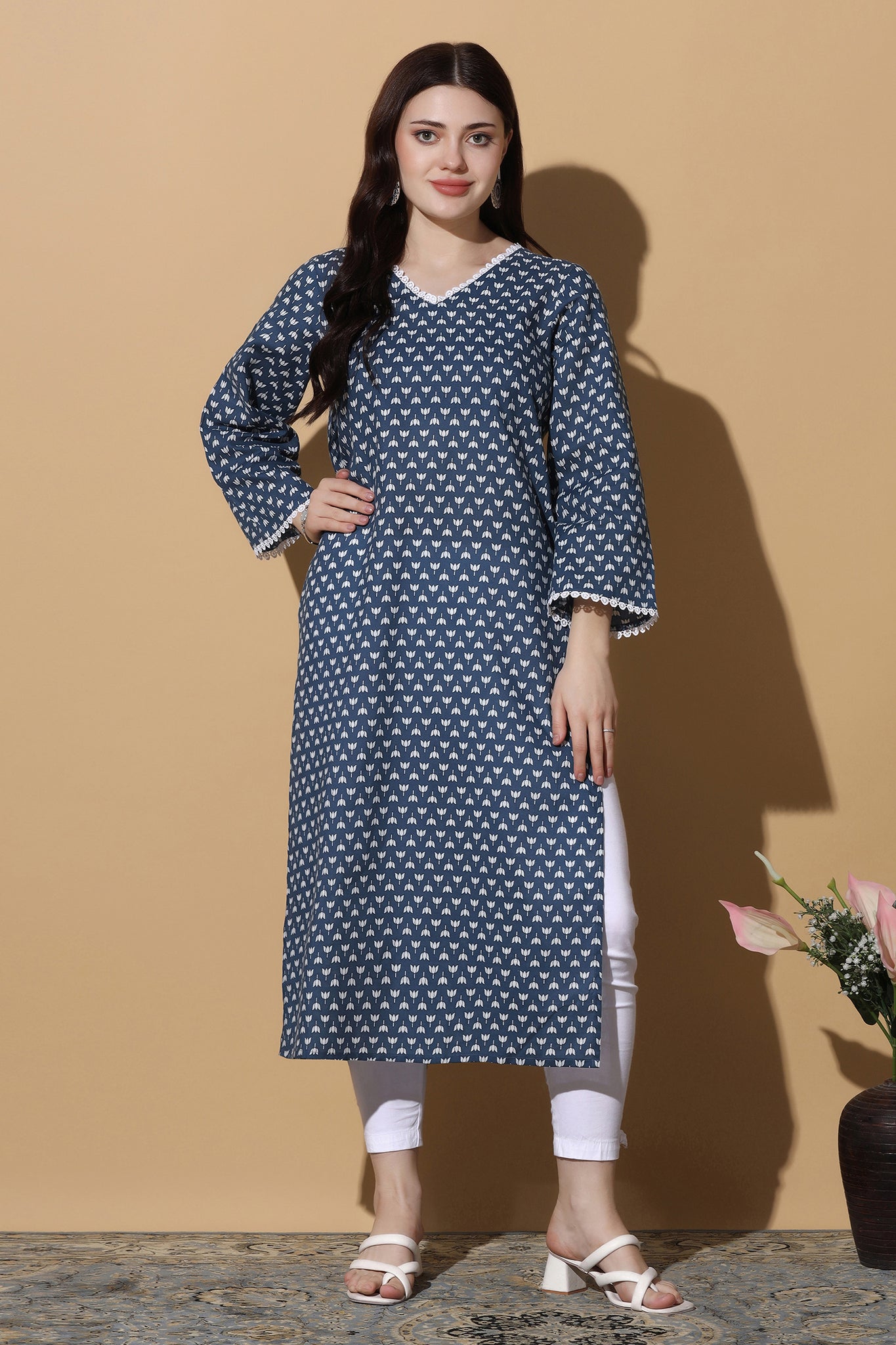 Womens Blue Cotton Block Printed Straight Kurta