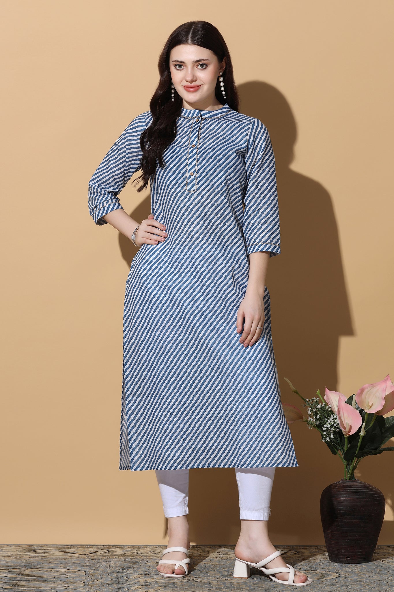 Womens Blue Cotton Stripe Printed Straight Kurta