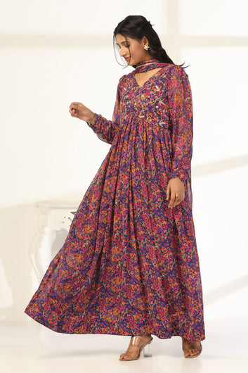 Womens Multicolor Georgette Floral Printed Maxi Dress With Dupatta Set