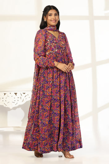 Womens Multicolor Georgette Floral Printed Maxi Dress With Dupatta Set