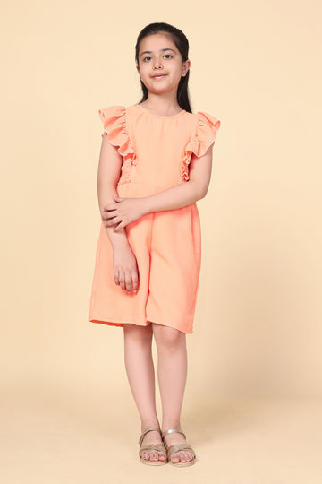 Girls Orange Cotton Silk Solid Above Knee Length Regular Romper