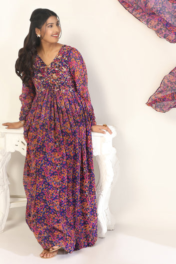 Womens Multicolor Georgette Floral Printed Maxi Dress With Dupatta Set