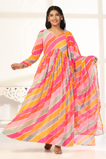 Womens Multicolor Georgette Leheriya Printed Fit And Flare Maxi Length Dress With Dupatta Set