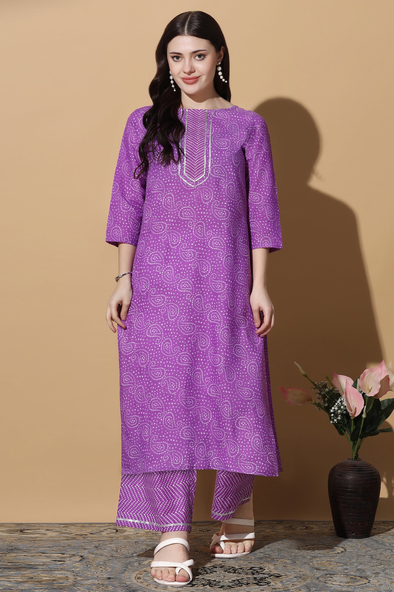 Womens Purple Cotton Bandhani Printed Kurta With Pant Set