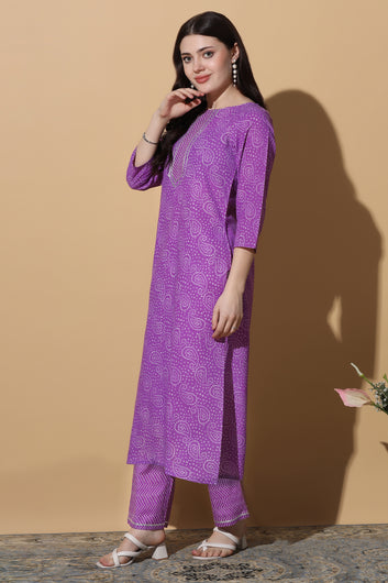 Women's Purple Cotton Bandhani Printed Kurta With Pant Set