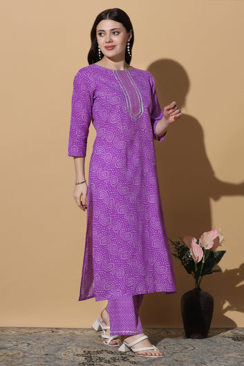 Womens Purple Cotton Bandhani Printed Kurta With Pant Set
