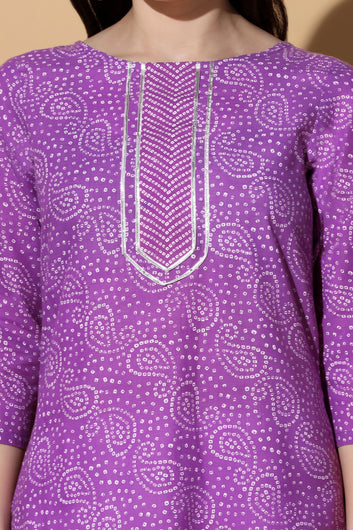 Women's Purple Cotton Bandhani Printed Kurta With Pant Set